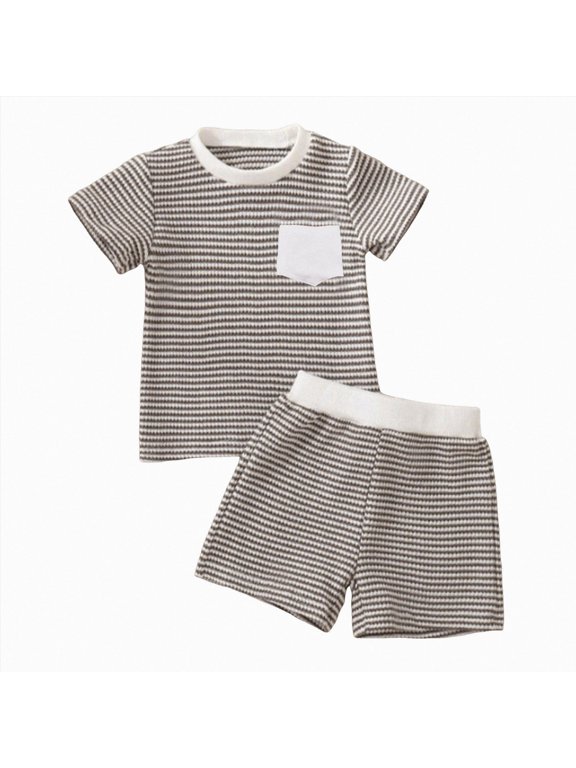 Toddler Boy Summer Outfits Infant Simple Elastic Waist Outfit Boys Solid Color Patch Pocket T Shirt Shorts Set Daily Wear Khaki 2-3 Years