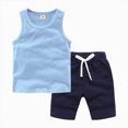 thumbnail image 1 of Xudanell Toddler Boy Summer Outfits Kids Sport Clothes Sleeveless Tank Tops Athletic Shorts Elastic Waist Casual Two Piece Light Blue 6-7 Years, 1 of 4