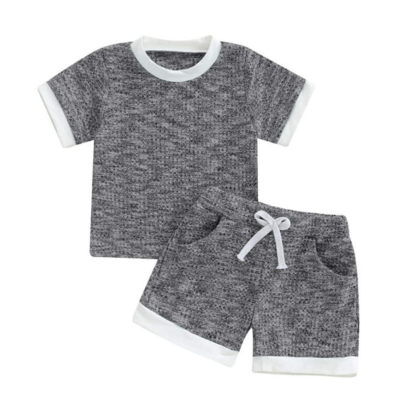 Xudanell Toddler Boys Clothes Contrast Binding Short Sleeve Tshirt Top Jogger Shorts Set Knit Boys Summer Outfit Dark Gray 12-18 Months