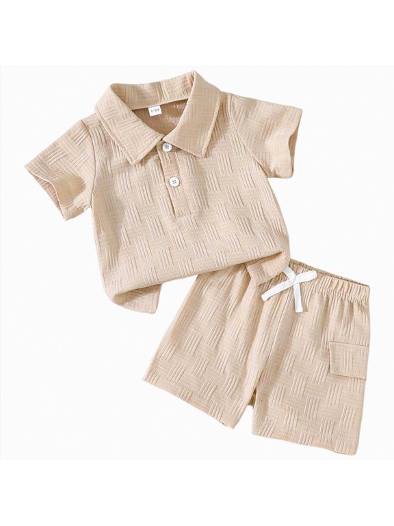 Toddler Boys Clothes Lightweight Textured First Birthday Outfit Boy With Button Tshirts Shorts Two Piece Khaki 2-3 Years