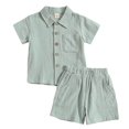 thumbnail image 1 of Xudanell Toddler Boys Hawaii Beach Holiday Outfits Summer Casual Candy Color Suit Solid Color Lapel Shirt Stretchy Shorts Toddler Outfits Two Piece Set, 1 of 7