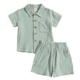 thumbnail image 1 of Xudanell Toddler Boys Hawaii Beach Holiday Outfits Summer Casual Candy Color Suit Solid Color Lapel Shirt Stretchy Shorts Toddler Outfits Two Piece Set, 1 of 7