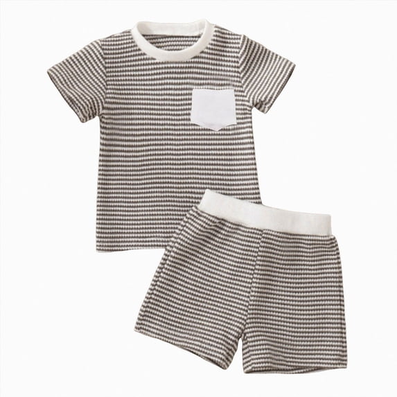 Xudanell Toddler Boys Outfit Sets 2 Piece Graphic Summer T-Shirts and Shorts Set Knitted Kids Boys Vacation Outfit Set Khaki 12-18 Months