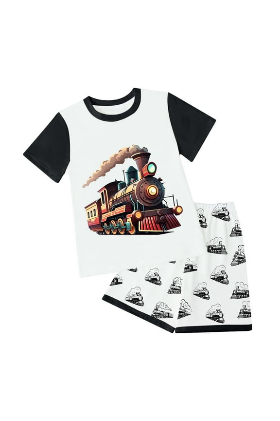Toddler Boys Outfits 2 Piece Train Printed TShirt Shorts Cute Toddler Outfits Set for 2-12 Years
