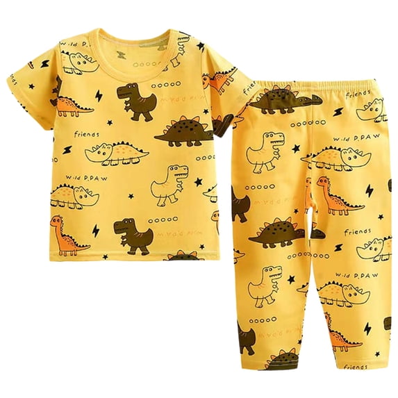 Xudanell Toddler Boys Pajamas Kids Dinosaur Summer PJS Monster Truck Boy Tractor Jammies Hockey Short Sets 2-7 Years (Light Yellow, 12-18 Months)