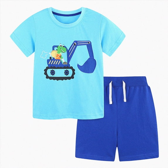 Xudanell Toddler Boys Short Sleeve Graphic Tee And Matching Shorts Set Cotton Toddler Outfits For Boys Two Piece Summer Clothes Set Blue 5-6 Years