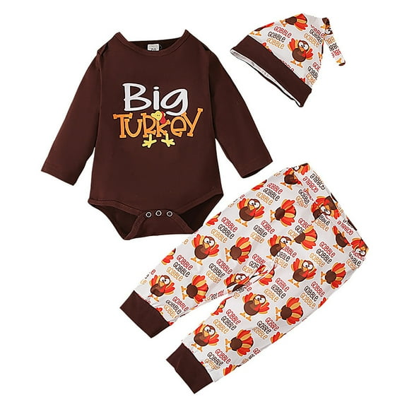 Xudanell Toddler Clothes for Boys Thanksgiving Long Sleeved Triangle Crawling Letter Printed Graphic Hoodie Turkey Pants Hat 3 Piece Set 6-12 Months Brown