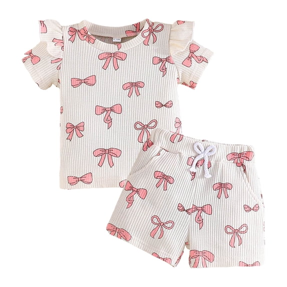 Xudanell Toddler Clothes for Girls Bow Print Fly Sleeve Short Sleeved Top Shorts with Bows Baby Girl Baby Clothes Beige 12-18 Months