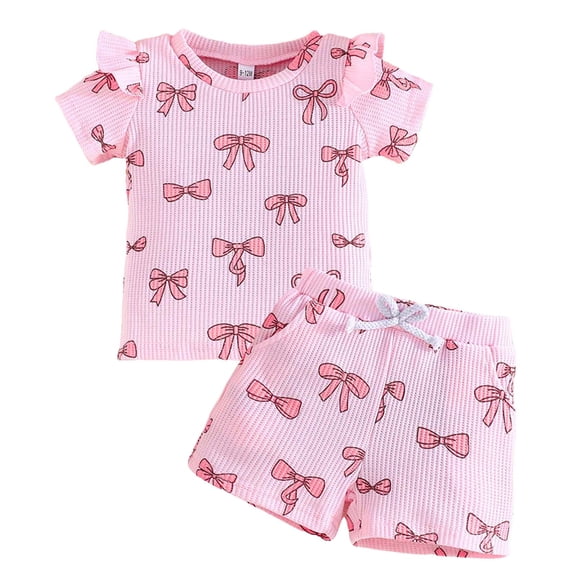 Xudanell Toddler Clothes for Girls Bow Print Fly Sleeve Short Sleeved Top Shorts with Bows Baby Girl Baby Clothes Pink 12-18 Months