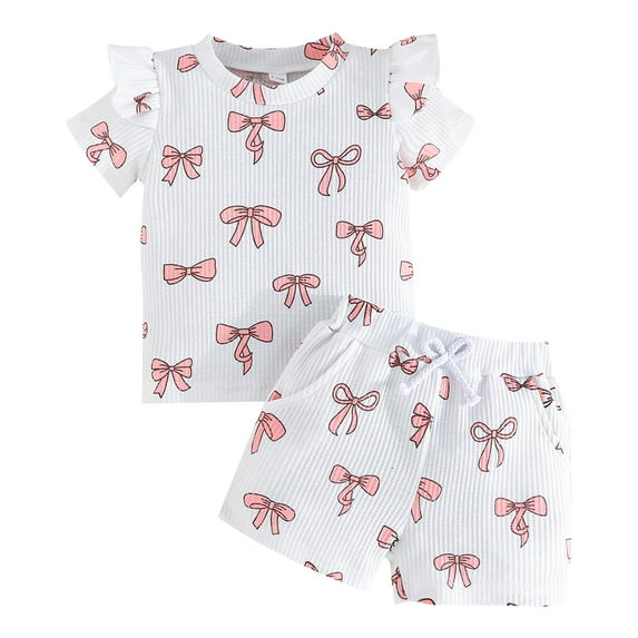 Xudanell Toddler Clothes for Girls Bow Print Fly Sleeve Short Sleeved Top Shorts with Bows Baby Girl Baby Clothes White 9-12 Months