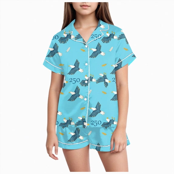 Xudanell Toddler Girl 4th of July Outfit Patriotic Graphic Button Shirt with Elastic Waist Shorts 250th Anniversary Celebration Set Sky Blue 6-7 Years