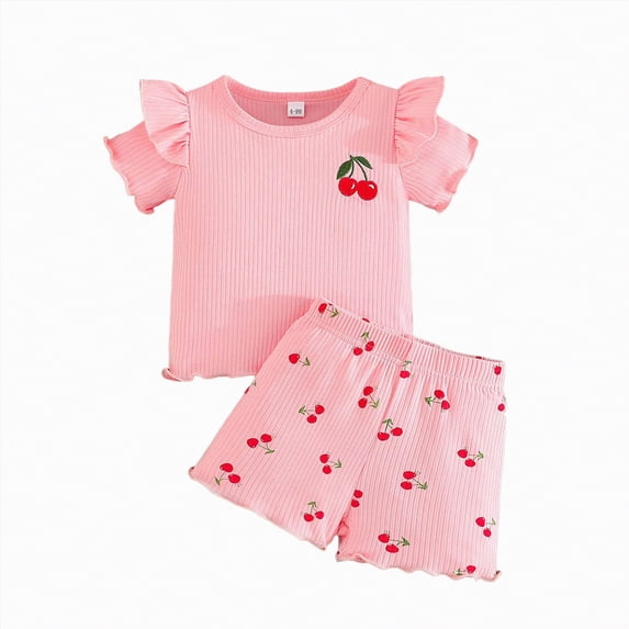 Xudanell Toddler Girl Outfits Cute Cherry Print Pattern Top and Shorts Girls Summer Fashionable Set