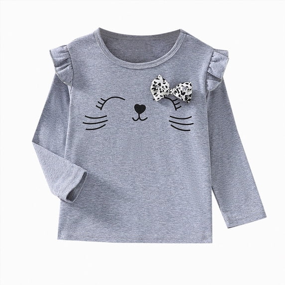 Xudanell Toddler Girl Shirt Summer Basic Print Ruffle Long Sleeve T Shirt Soft Crewneck Tee Tops for Little Girls Grey 3-4 Years