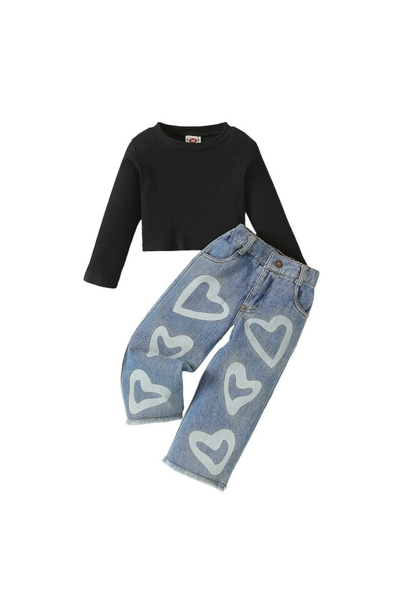Toddler Girls Clothes 2T 3T 4T 5T 6T Ribbed Baby Kids Girl Denim Outfits Long Sleeve Tops Love Hearts Jeans Pant (Black, 3-4 Years)