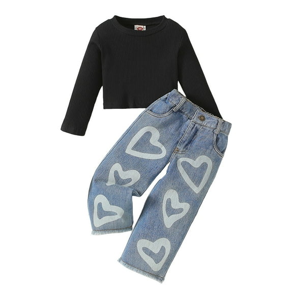 Xudanell Toddler Girls Clothes 2T 3T 4T 5T 6T Ribbed Baby Kids Girl Denim Outfits Long Sleeve Tops Love Hearts Jeans Pant (Black, 4-5 Years)