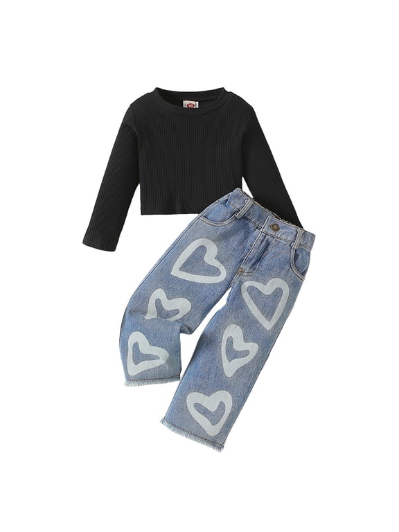 Toddler Girls Clothes 2T 3T 4T 5T 6T Ribbed Baby Kids Girl Denim Outfits Long Sleeve Tops Love Hearts Jeans Pant (Black, 4-5 Years)