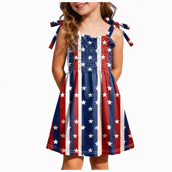 Xudanell Toddler Girls Dress 4th of July Straps Dresses American Stars Striped Sundress Independence Day Patriotic Outfits (Red, 4-5 Years)