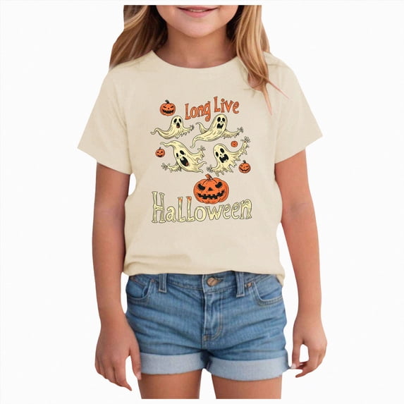 Xudanell Toddler Halloween Shirt Girls Ghost Tshirt Short Sleeve Tee Tops Spooky Season Fall Clothes