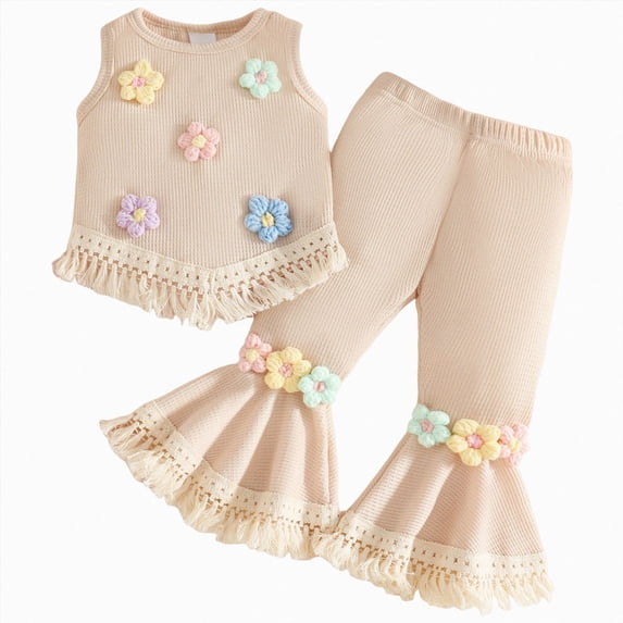 Xudanell Toddler Outfits for Girls Toddler Floral Front Top Flared Pants Set Clothes Baby Girl Summer 2pcs Outfits Ruffle Sleeveless White 18-24 Months