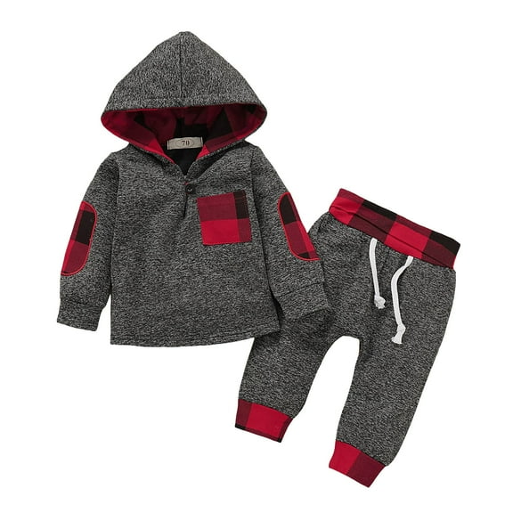 Xudanell Toddler Outfits for Boys Plush Graphic Hoodies Top Checkered Patchwork Pants Baby Boy Clothes 0-3 Months 12-18M Red