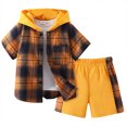 thumbnail image 1 of Xudanell Toddler Summer Clothes Boy Boys' Shorts Set Outfits Summer Short Sleeved Pants Plaid Color Collision Hooded Two Piece Suit Boys Suit Track Suits For Kids Summer Boys, 1 of 4