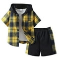 thumbnail image 1 of Xudanell Toddler Summer Clothes Boy Boys' Shorts Set Outfits Summer Short Sleeved Pants Plaid Color Collision Hooded Two Piece Suit Boys Suit Track Suits For Kids Summer Boys, 1 of 4