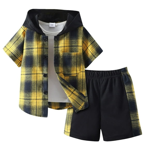 Xudanell Toddler Summer Clothes Boy Boys' Shorts Set Outfits Summer Short Sleeved Pants Plaid Color Collision Hooded Two Piece Suit Boys Suit Track Suits For Kids Summer Boys