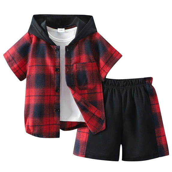 Xudanell Toddler Summer Clothes Boy Boys' Shorts Set Outfits Summer Short Sleeved Pants Plaid Color Collision Hooded Two Piece Suit Boys Suit Track Suits For Kids Summer Boys