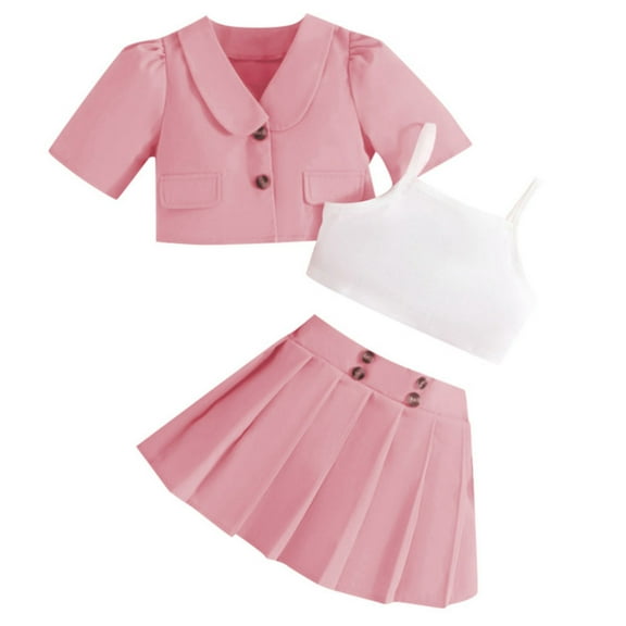 Xudanell Toddler Summer Clothes Girls Short Sleeved Buttoned Jacket White Suspender Pleated Skirt Teen Girl Clothes Pink 6-7 Years