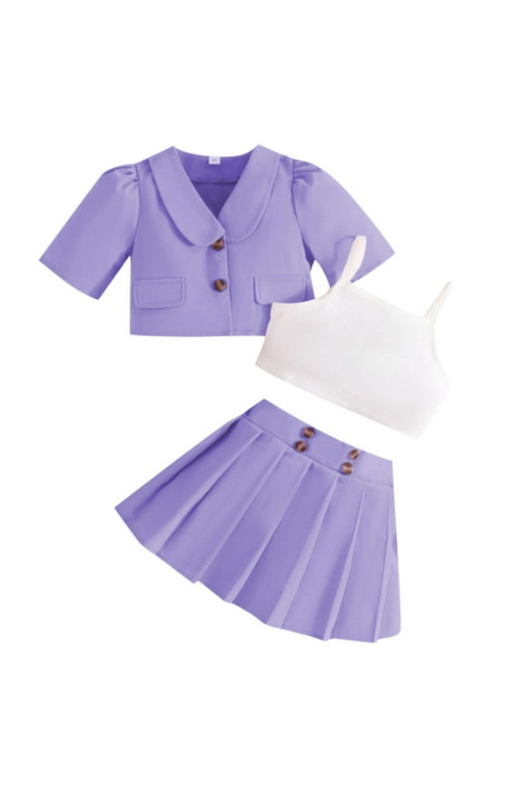 Toddler Summer Clothes Girls Short Sleeved Buttoned Jacket White Suspender Pleated Skirt Teen Girl Clothes Purple 4-5 Years