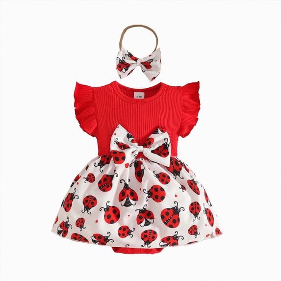 Xudanell Trendy Girls Clothes Baby Girls Summer Jumpsuit Dress Outfit with Cute Cartoon Print Breathable Vacation Clothes Trendy 2 Piece Set Red 6-9 Months