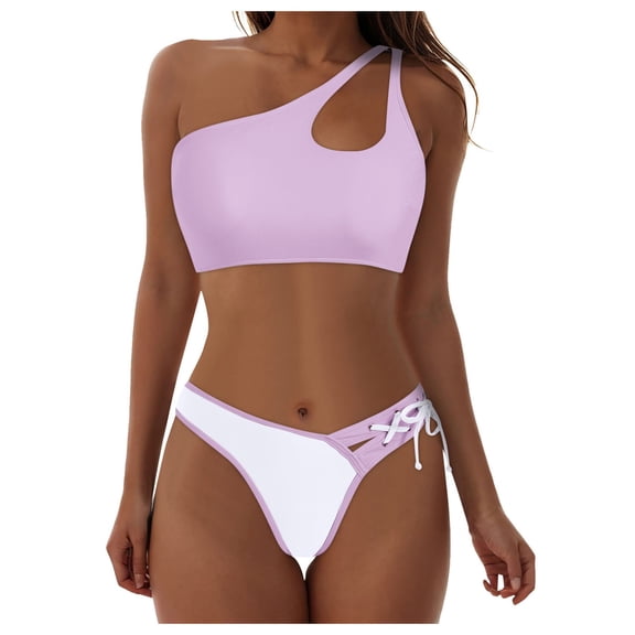 Xudanell Women's Bikini Sets Floral Print Whip Stitch 2 Piece Swimsuits High Waisted Scoop Bathing Suits Summer Sexy Swimwear (Purple,L)