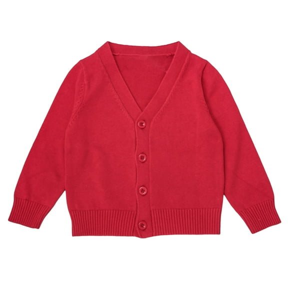 Xudanell Unisex Boys Girls Cardigans Sweater V-Neck Long Sleeve School Uniforms Button Knit Tops (Red,140)