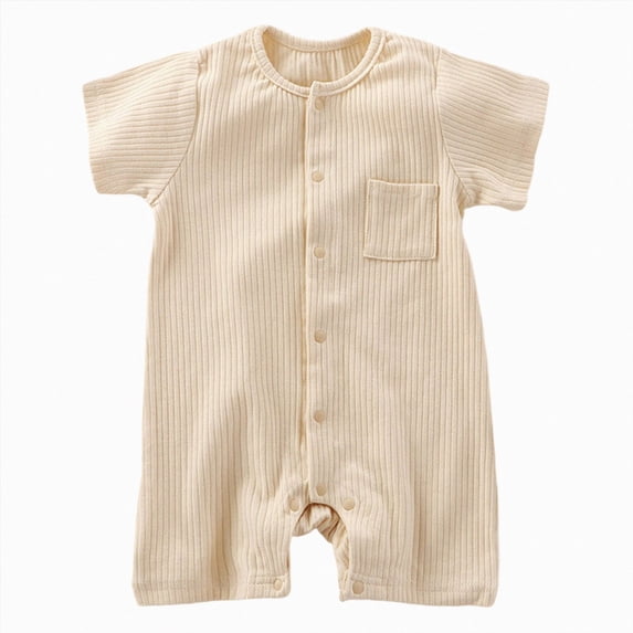 Xudanell Unisex Cotton Romper Boys Short Sleeve One-Piece Jumpsuit Girls Snap-up Bodysuits Summer Clothes Outfits (Beige,9-12 Months)