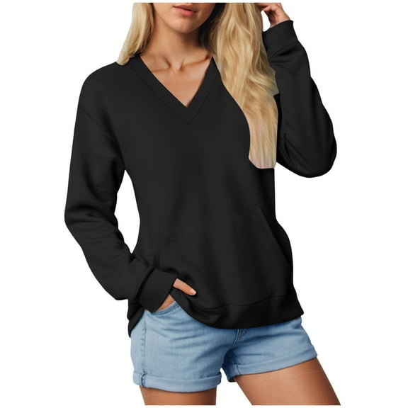 Xudanell V Neck Sweatshirt Women Basic Sweatshirt Tunic Tops for Women Winter Long Sleeve No Hood Solid Color