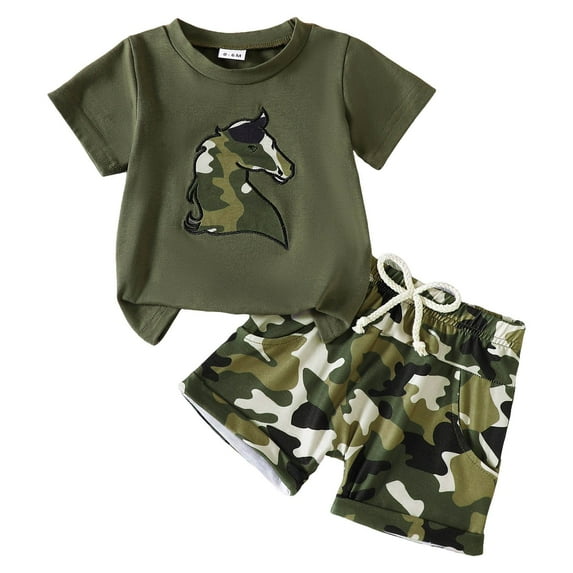 Xudanell Western Baby Boy Clothes Toddler Summer Outfits Cow Embroidery Short Sleeve T-Shirt and Camouflage/Cow Shorts Set (AG, 18-24 Months)