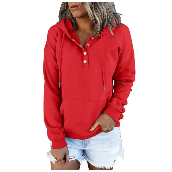 Xudanell White Sweatshirt Women Large Sizes Sweatshirt Snap Button Hoodies Daily Hoodies for Women Red XL