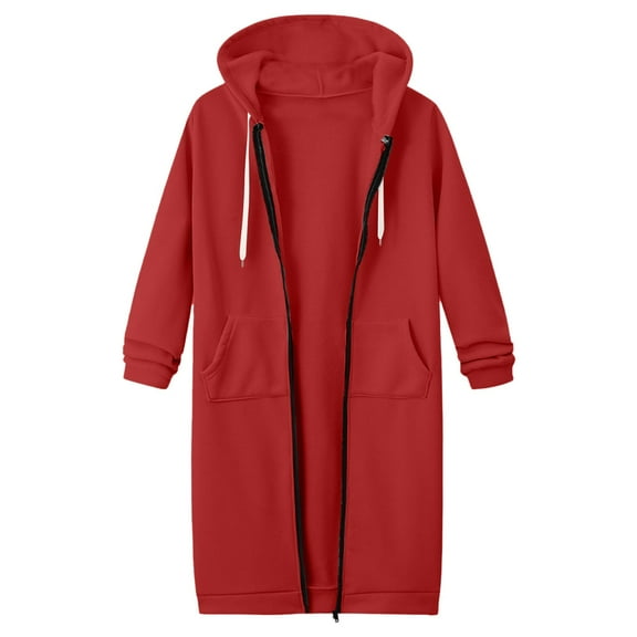 Xudanell White Sweatshirt Women Mid Length Sweatshirt Fleece Zipper up to Knee Length Coat Womens Clothes Red L