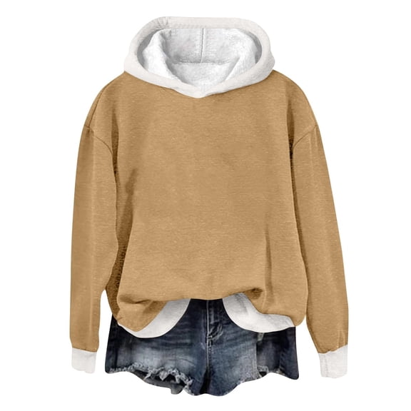 Xudanell Women Fashion Hoodies Sweatshirts Color Block Vintage Top Crew Neck Sweatshirts Beach Vacation Clothes Khaki L