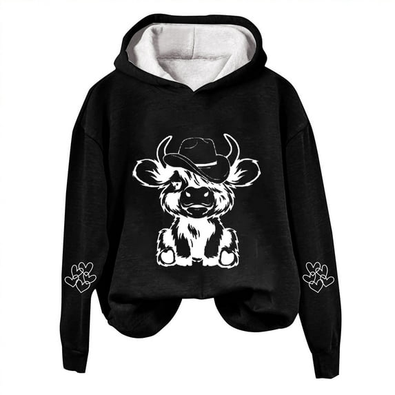 Xudanell Women Graphic Hoodies Western Cow Sweatshirts for Women Print Oversized Pullover Casual Black L