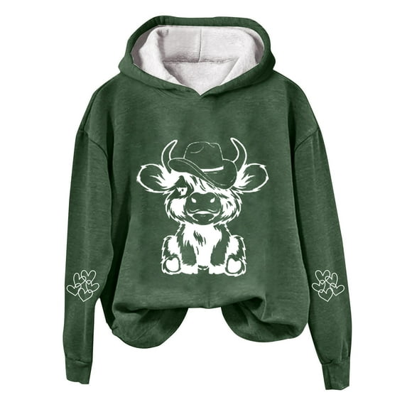 Xudanell Women Graphic Hoodies Western Cow Sweatshirts for Women Print Oversized Pullover Casual Green M