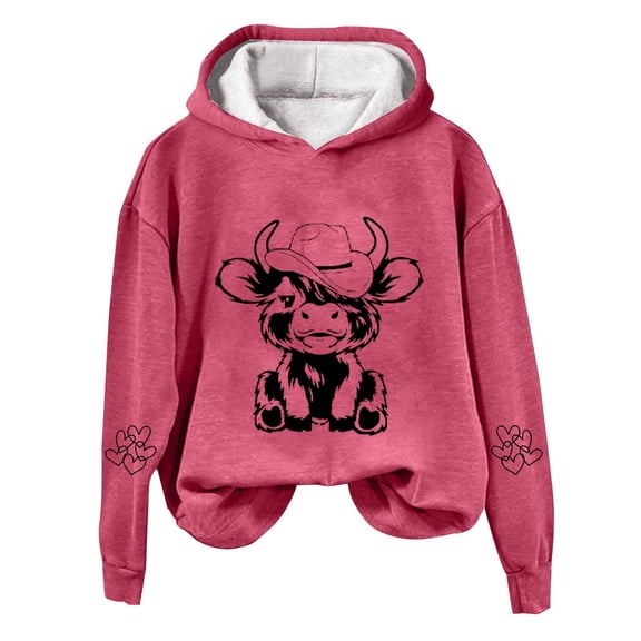 Xudanell Women Graphic Hoodies Western Cow Sweatshirts for Women Print Oversized Pullover Casual Hot Pink L