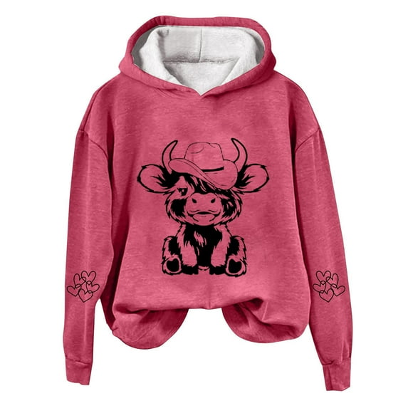 Xudanell Women Graphic Hoodies Western Cow Sweatshirts for Women Print Oversized Pullover Casual Hot Pink XXL