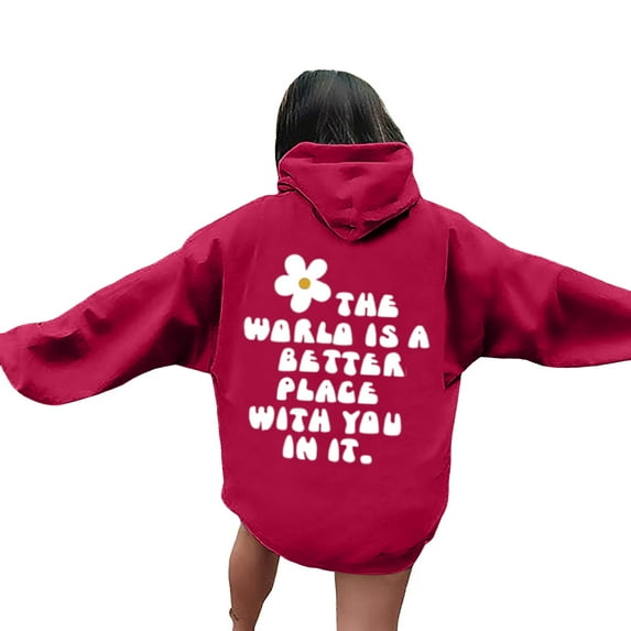 Xudanell Women Graphic Sweatshirt with Pocket Hooded Drop Shoulder Loose Autumn Woman Clothing Fashion Red L