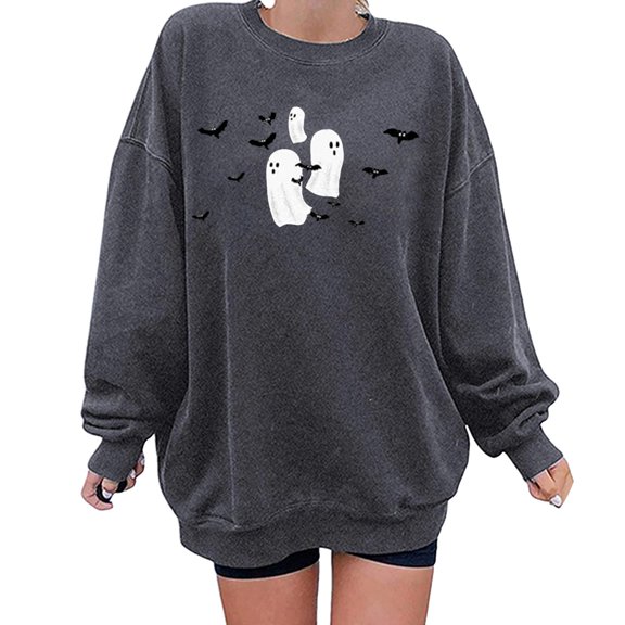 Xudanell Women Halloween Crewneck Sweatshirt Graphic Workout Shirts Pullover Womens Clothes for Trendy Party Grey S