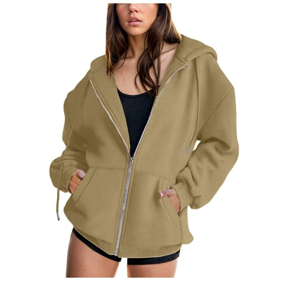Xudanell Women Hoodies Warm Zipper Hooded Sweatshirt Pocket Zipper Jacket Women Solid Color Casual Loose Cute Clothes Khaki XXXL
