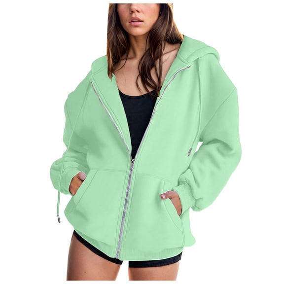 Xudanell Women Hoodies Warm Zipper Hooded Sweatshirt Pocket Zipper Jacket Women Solid Color Casual Loose Cute Clothes Light Green XXXL