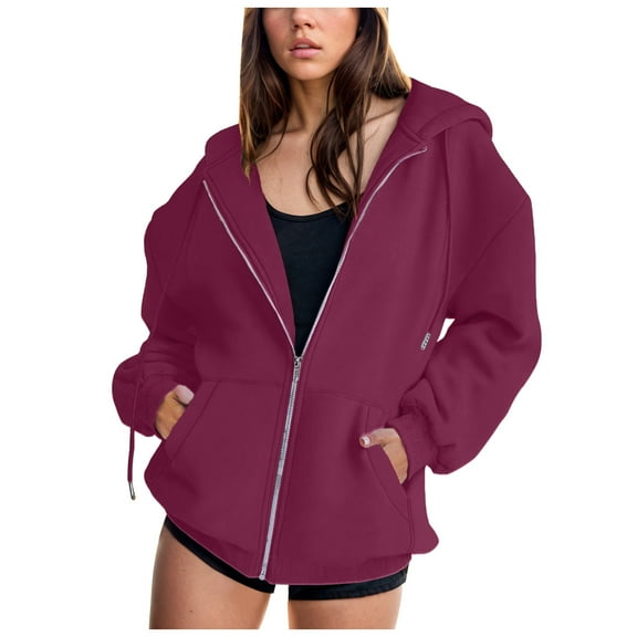 Xudanell Women Hoodies Warm Zipper Hooded Sweatshirt Pocket Zipper Jacket Women Solid Color Casual Loose Cute Clothes Red XXXL