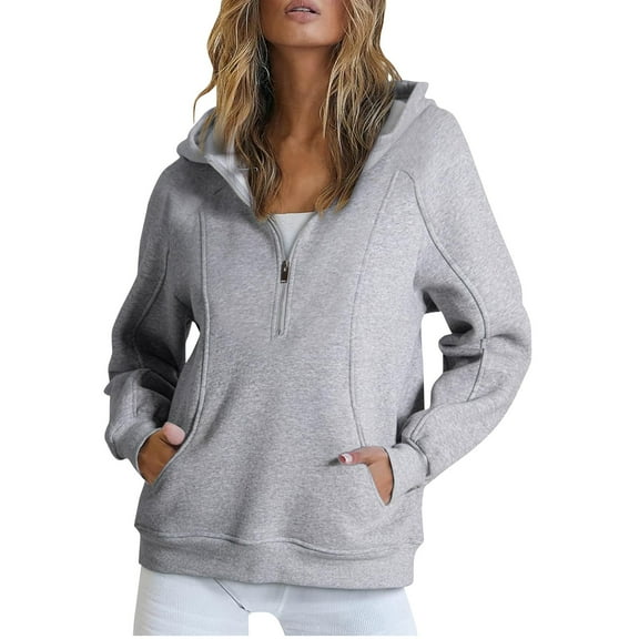 Xudanell Women Hoodies Zippered Sweatshirt Ladies Solid Color Hooded Tops with Pockets Cute Sweatshirts Light Gray XL