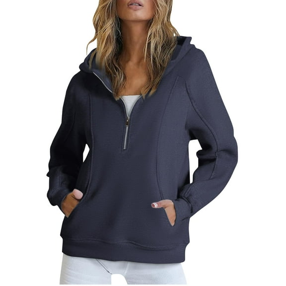 Xudanell Women Hoodies Zippered Sweatshirt Ladies Solid Color Hooded Tops with Pockets Cute Sweatshirts Navy XL